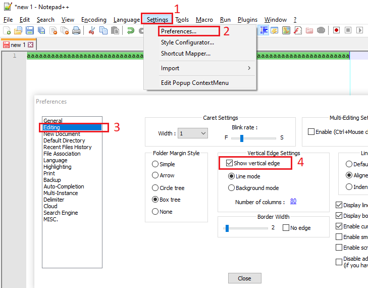 Screenshot with steps - how to add vertical line at 80 column as right margin in Notepad++? - https://dirask.com/q/BDnRXD