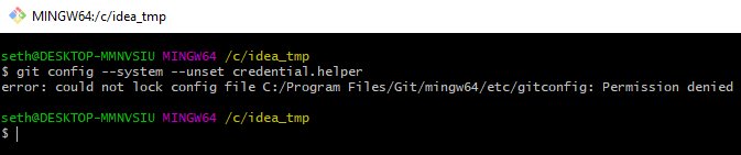 Screenshot showing error - git config --system --unset credential.helper error: could not lock config file C:/Program Files/Git/mingw64/etc/gitconfig:  Permission denied - solution: https://dirask.com/q/9pYBkj