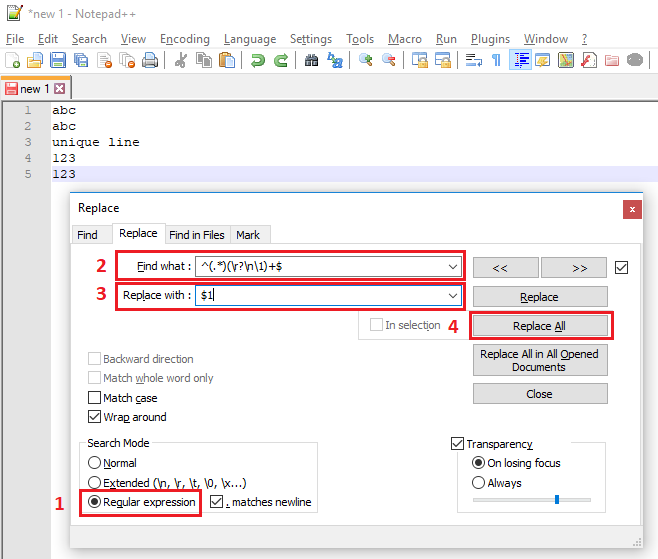 Screenshot with steps of how to remove duplicated rows in notepad++ - https://dirask.com/q/BDnkXp