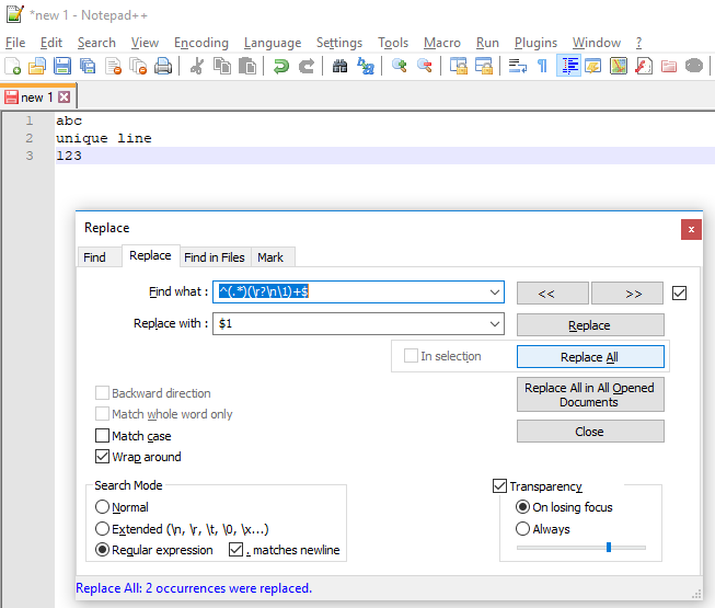 Screenshot with results of how to remove duplicated rows in notepad++ - https://dirask.com/q/BDnkXp