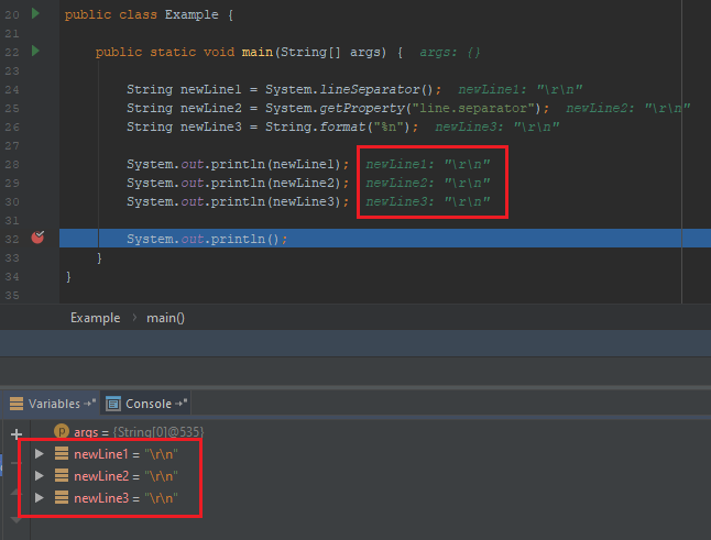 Screenshot with 3 x ways in java how to get new line character - windows new character \r\n in intellij IDEA debugging session - https://dirask.com/q/8jme2j