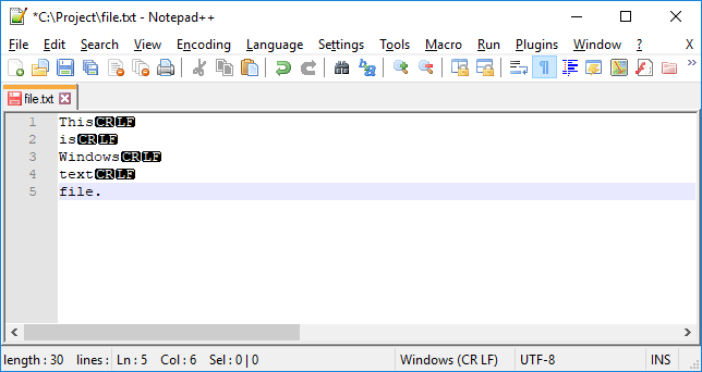 Windows text file - Windows end line symbols visible at end of each line.