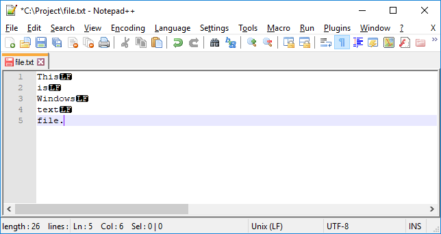 Unix / Linux text file - Unix / Linux end line symbols visible at end of each line.