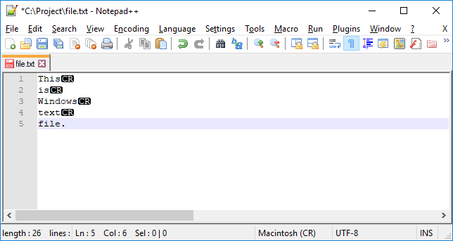 Macintosh text file - Macintosh end line symbols visible at end of each line.