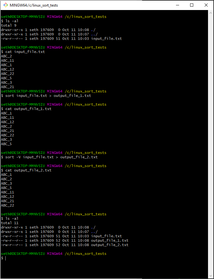 Screenshot of Linux sort command - sort vs sort alphanumeric string - sort -V - https://dirask.com/q/9pYmzp