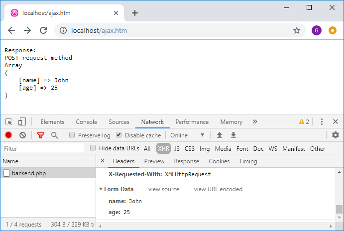 POST request method example in PHP - Google Chrome Developer Tools