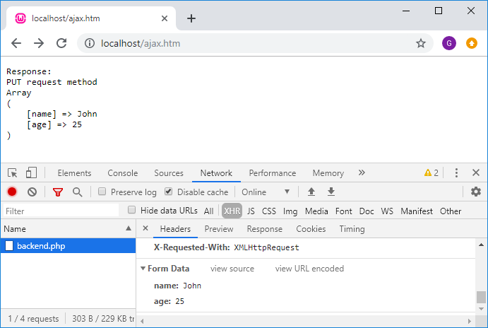 PUT request method example in PHP - Google Chrome Developer Tools