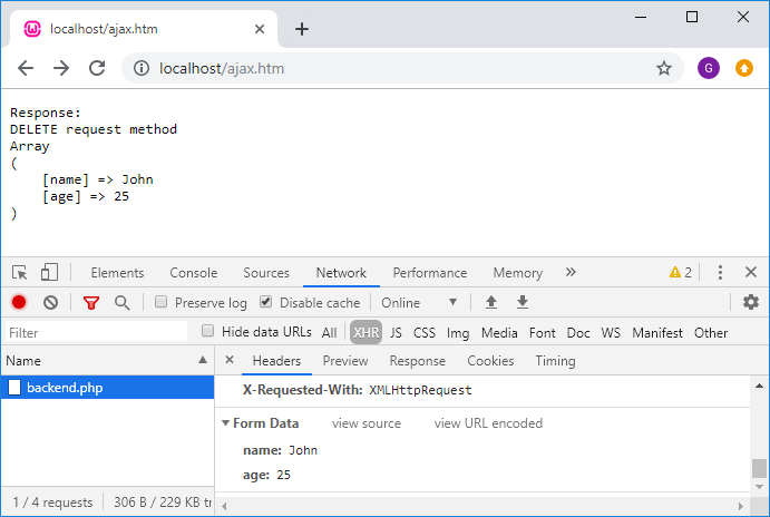 DELETE request method example in PHP - Google Chrome Developer Tools