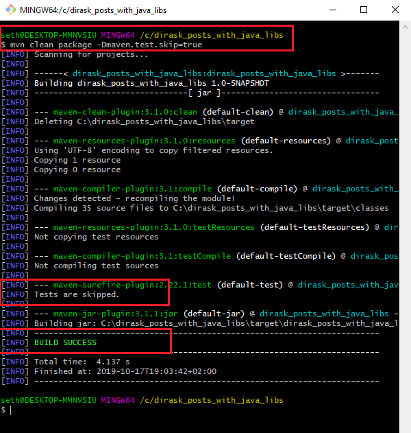 Maven - skip unit tests screenshot with Console output of maven command: mvn package -Dmaven.test.skip=true - link to post: https://dirask.com/q/k1wL3D