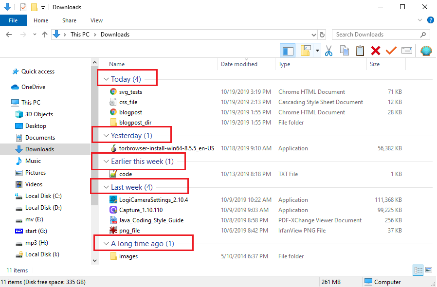 Windows 10 Downloads directory are displayed by date in descending order in groups like Today, Yesterday, Earlier this week, Last week, Last month, A long time ago - post link https://dirask.com/q/9pY3z1
