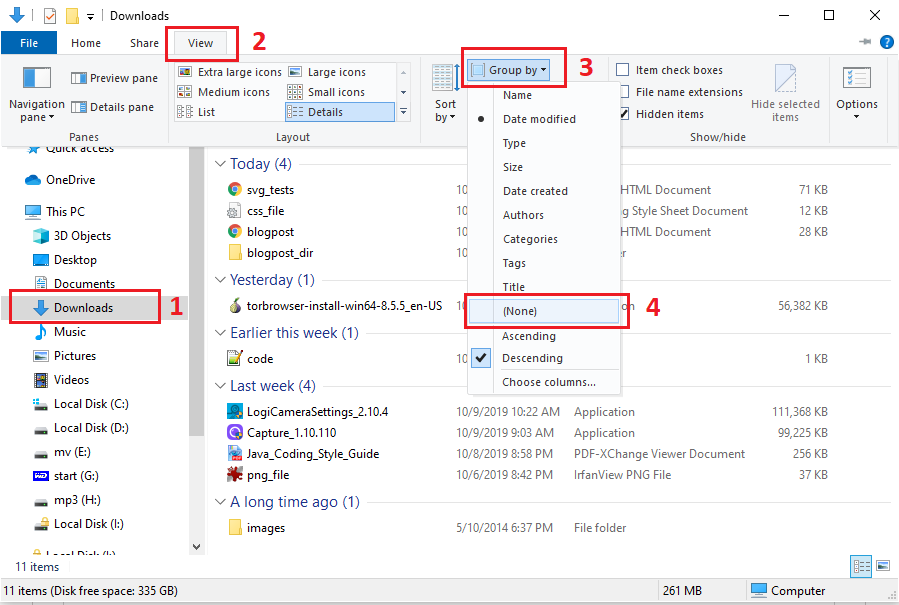 Windows 10 Downloads folder fix - steps on screenshot how to disable directory in groups eg Today, Yesterday - post link https://dirask.com/q/9pY3z1