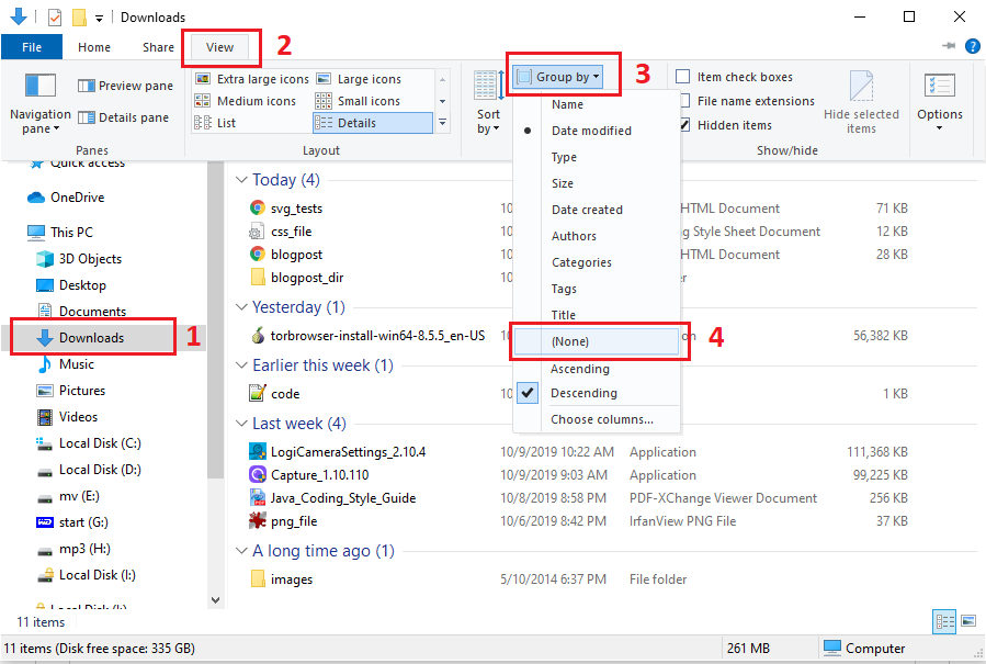 💻 Windows 10 - how to disable sorting by today yesterday week group in