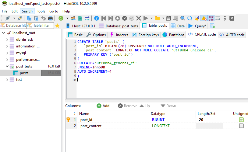 Screenshot from Heidi SQL after execution above query - database schema