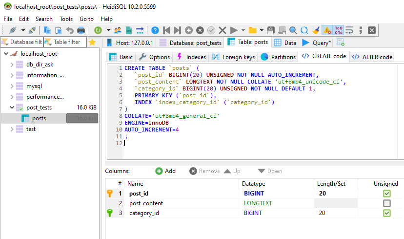 mysql create table integer column