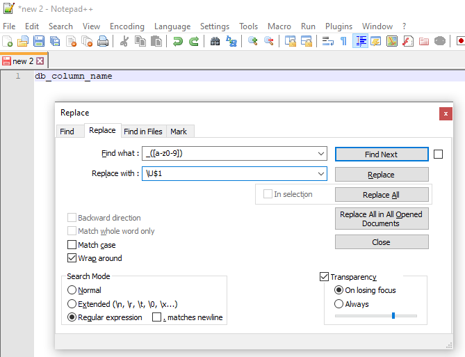 Regex to convert from underscore to camel case notation - before replace