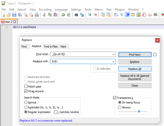 Regex to convert from underscore to camel case notation - after replace