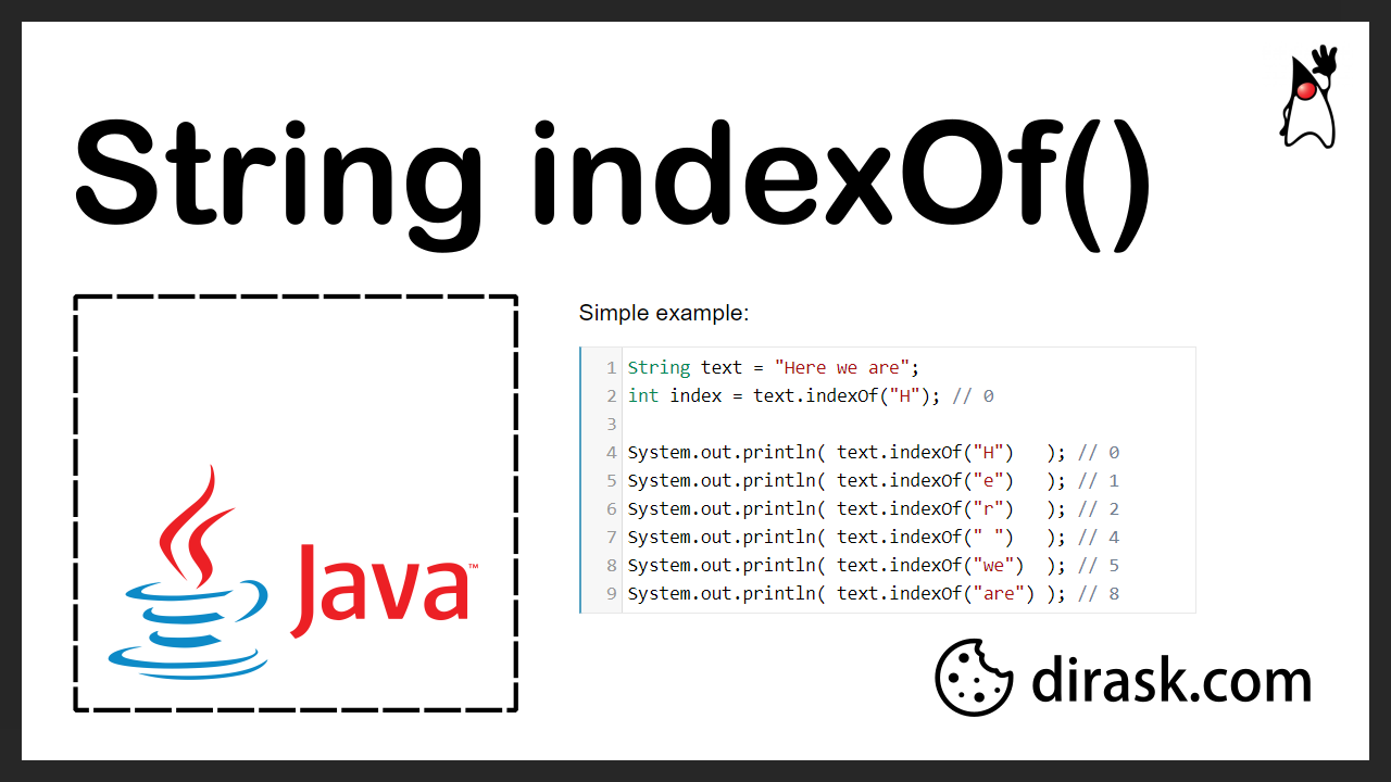 Post introduction image - Java - String indexOf() method example - link https://dirask.com/q/v106yp