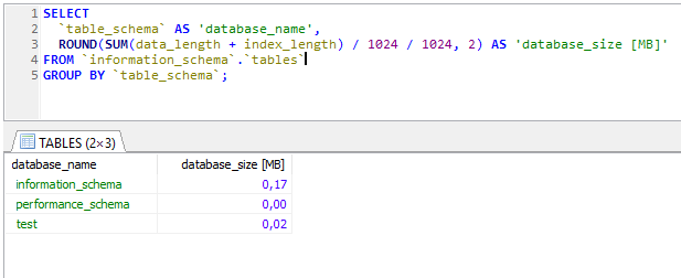 Database size in megabytes MySQL query example - HeidiSQL