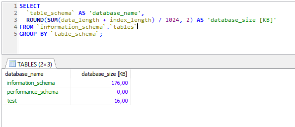 Database size in kilobytes MySQL query example - HeidiSQL