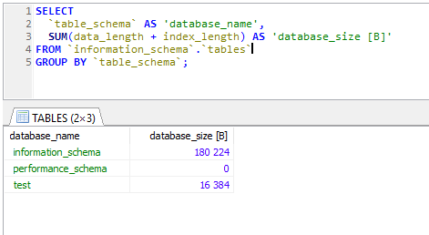 Database size in bytes MySQL query example - HeidiSQL