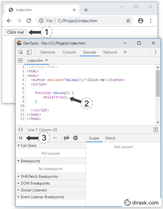 ❤ 💻 Google Chrome - stop infinite loop in JavaScript debug - Dirask