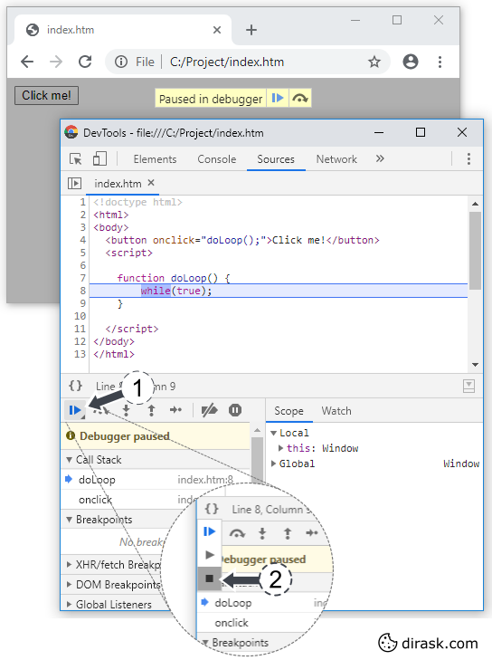 Explanation, how to stop JavaScript loop using Google Chrome DevTools.