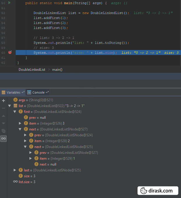 Java - insert node as first one to double linked list - screenshot from intellij idea in debugging session