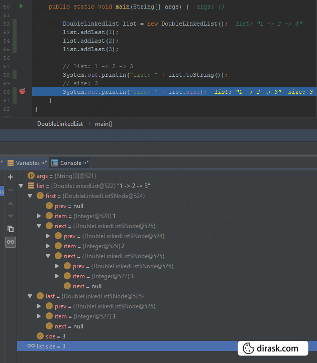 Java - insert node as last one to double linked list - screenshot from intellij idea in debugging session