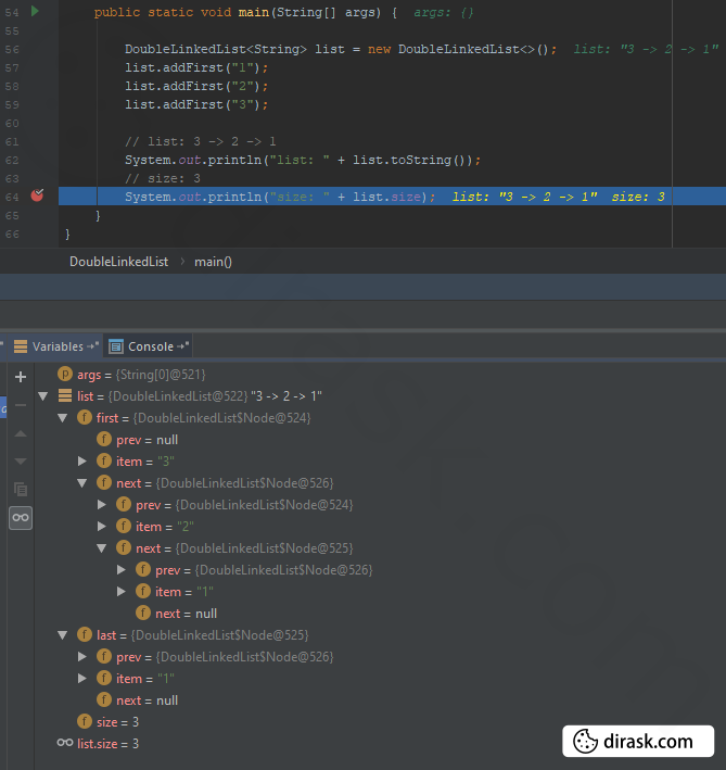Java - insert node as first one to double linked list - screenshot from intellij idea in debugging session - generic implementation