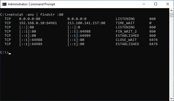 netstat listing processes that uses port 80 - Windows CMD