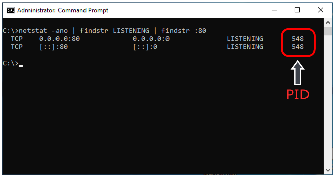 netstat listing processes that uses port 80 - Windows CMD
