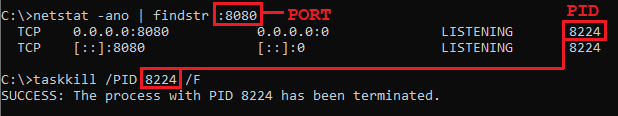 Process killing by port number using cmd.exe