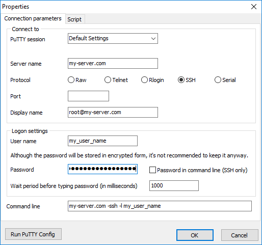 Example configuration for MTPuTTY login as any user via SSH