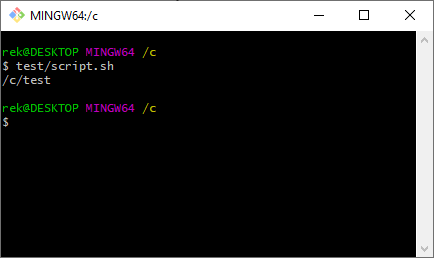 Script directory path printed in Bash under Windows.