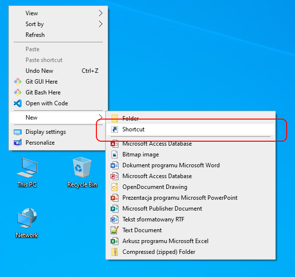 New shortcut creation on Windows Desktop using context menu.