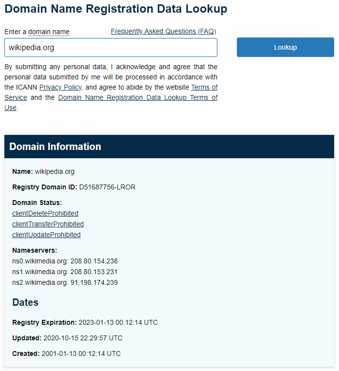 Domain name registration data checking with online Domain Lookup Tool from ICANN