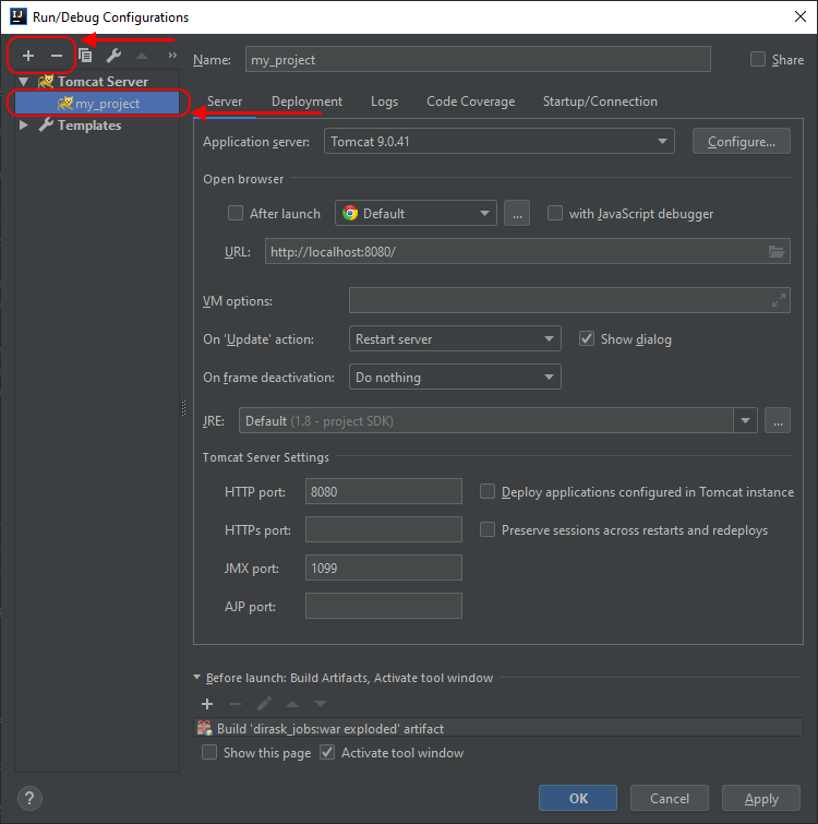 Debug / Run Configurations in IntelliJ with selected Add / Remove configuration buttons.