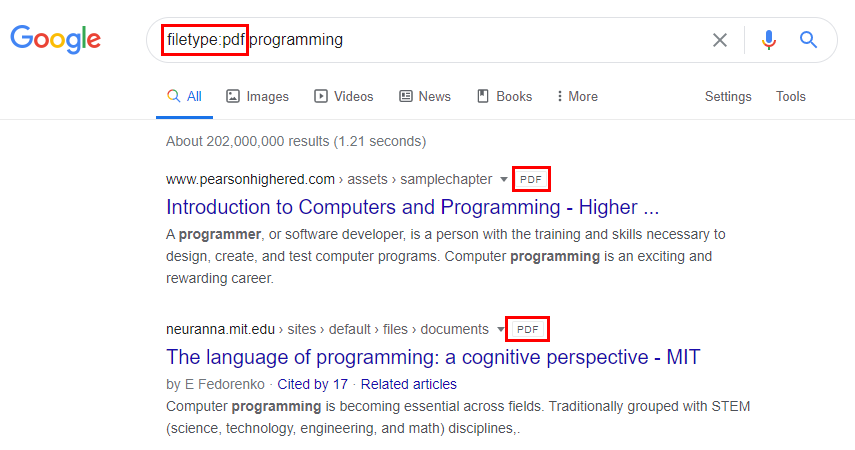 Google Search - filetype example