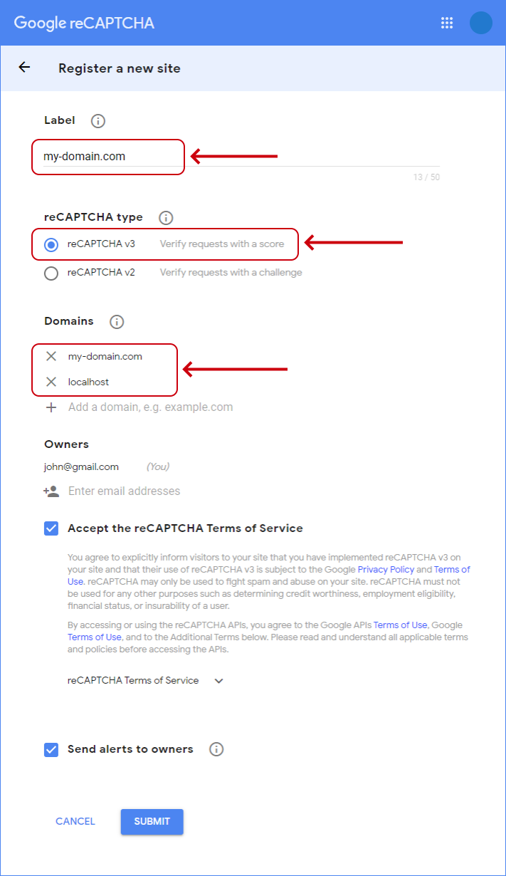 reCAPTCHA v3 registration.