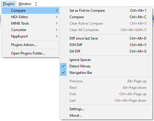 Compare menu in Notepad++