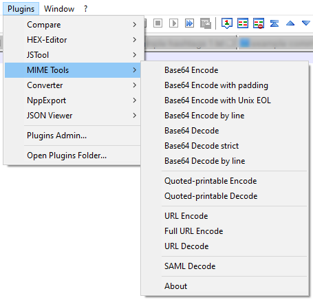 MIME Tools menu in Notepad++