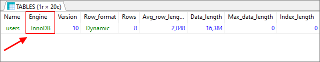 MySQL - check existing table engine - result