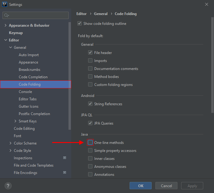  IntelliJ IDEA Disable One line Methods method Code Folding 