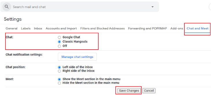 Gmail - turn off new layout and Google Chat