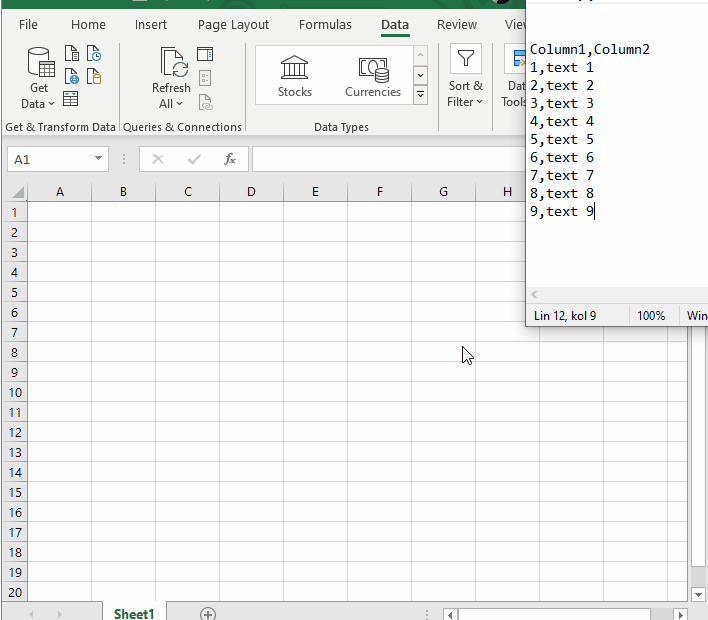 Microsoft Excel - split CSV data to columns