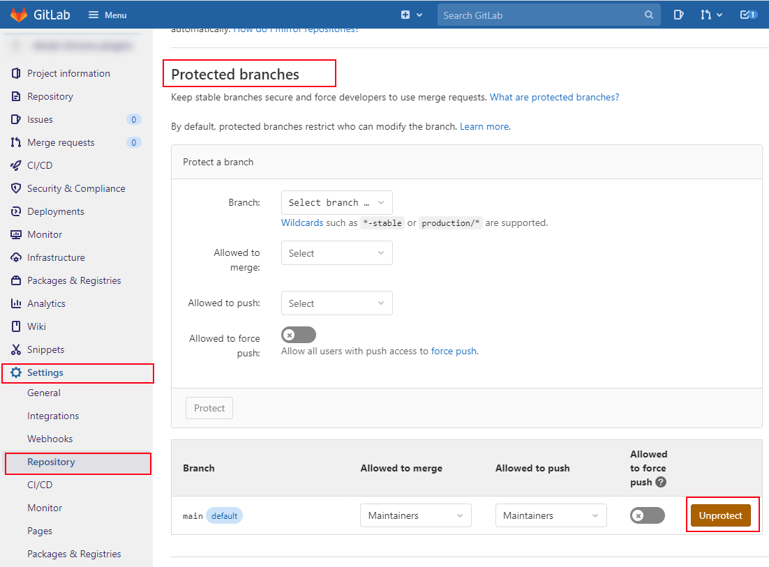 Steps to unprotect a branch in gitlab