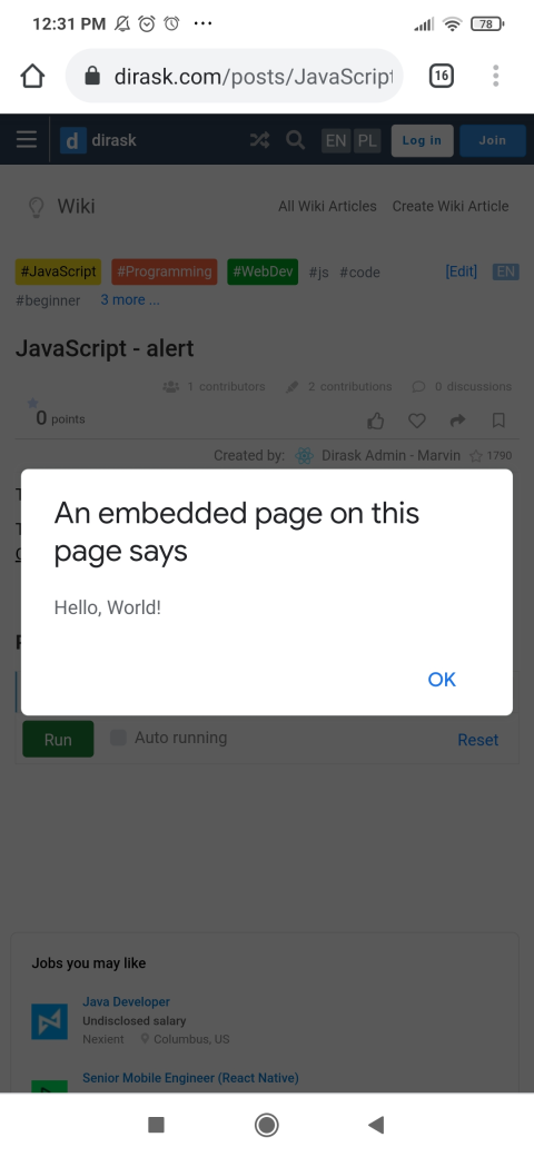 Alert Box on Android - JavaScript