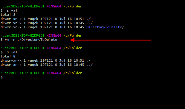 Directory removing under Bash with rm -r command.