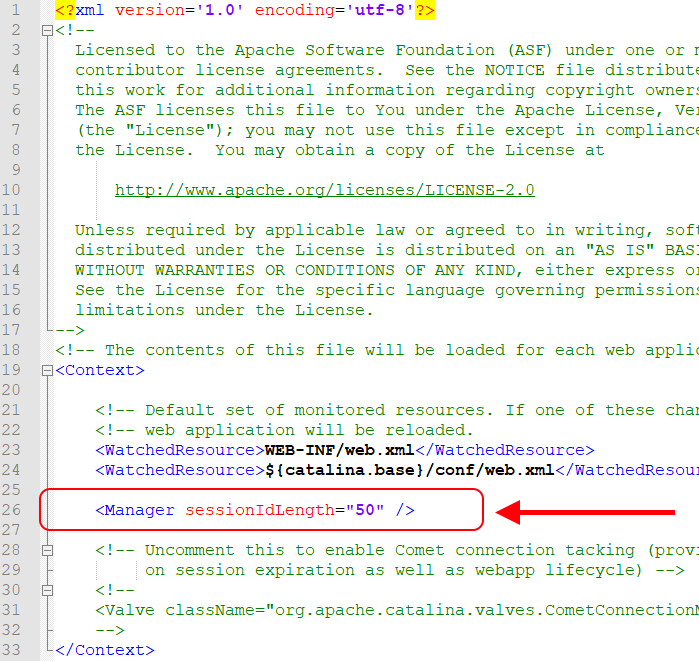 Example in which place of context.xml file, set length of JSESSIONID (session id) for Tomcat server.