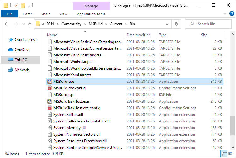 MSBuild.exe installed with Microsoft Visual Studio 2019 under Windows.